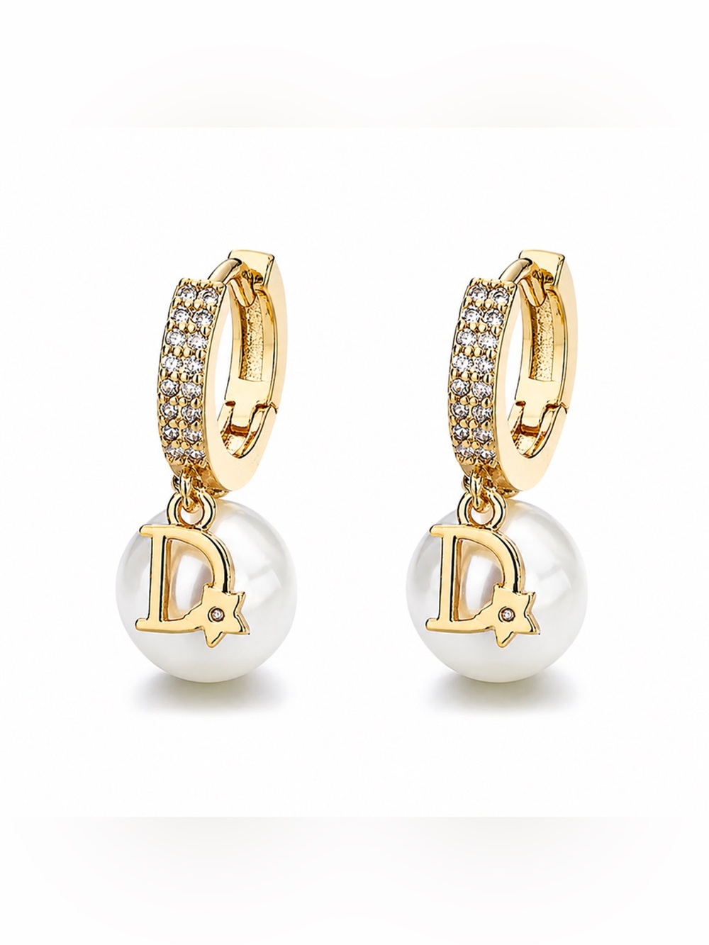 Luxury Gold Tone Pearl D Letter Star Crystal Hoop Earrings Statement NWOT